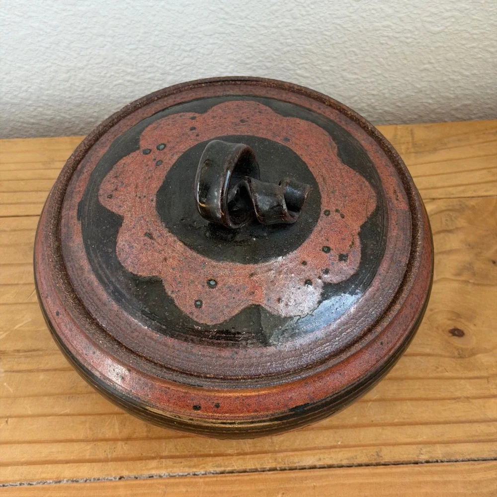 Studio‎ Pottery Lidded Bowl, Hand Thrown Rust Copper Black Glaze, Ceramic Vessel